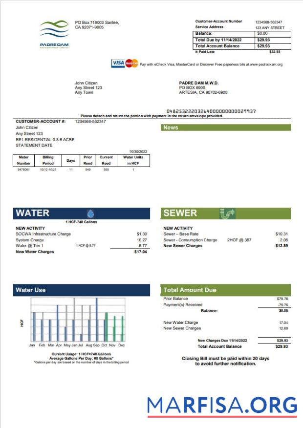 Blank USA California Padredam utility bill template in Word and PDF format